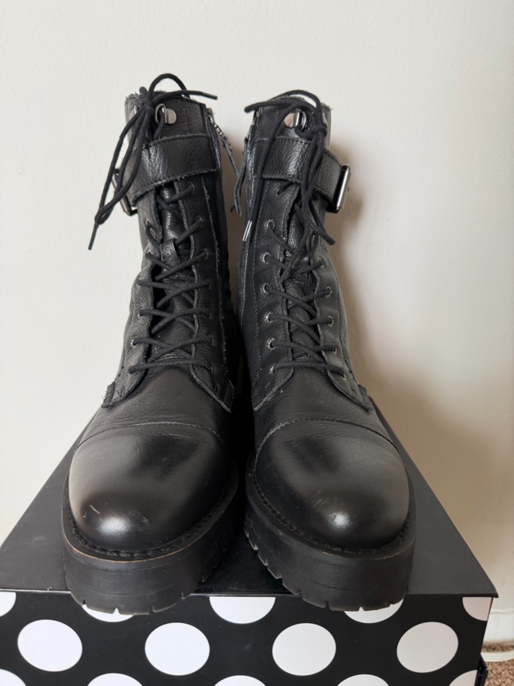 Sam Edelman Black Leather Lace-Up Combat Boots with Buckle - Picture 3 of 11